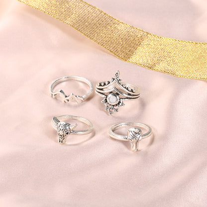 New Bohemian Diamond Crown Mountain Animal Bone Ring 4-piece Set