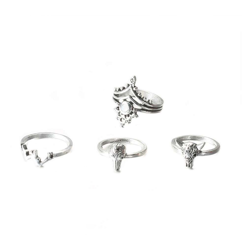 New Bohemian Diamond Crown Mountain Animal Bone Ring 4-piece Set