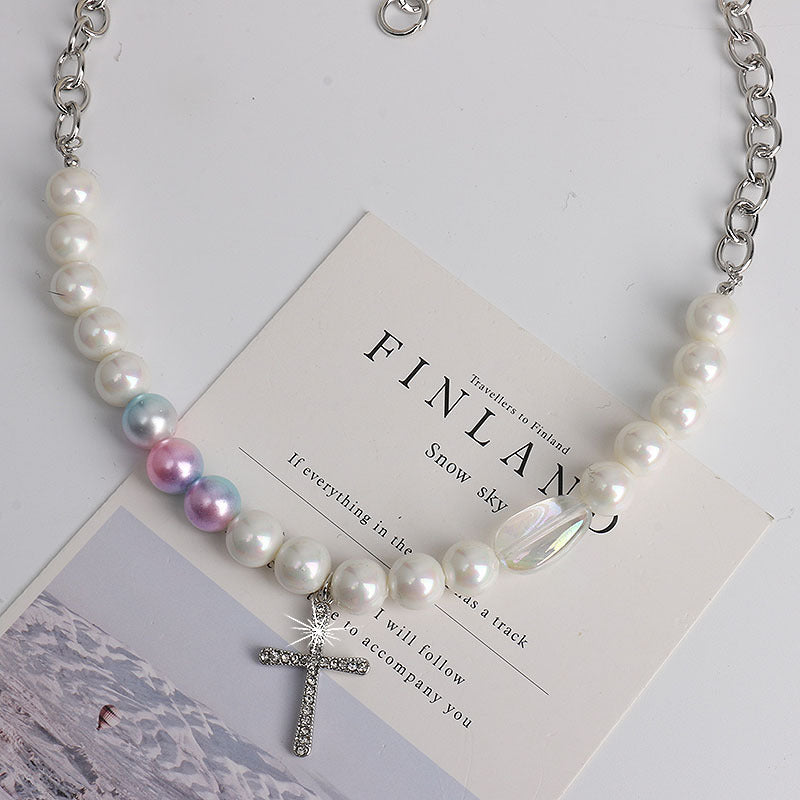 Diamond Cross Pearl Necklace