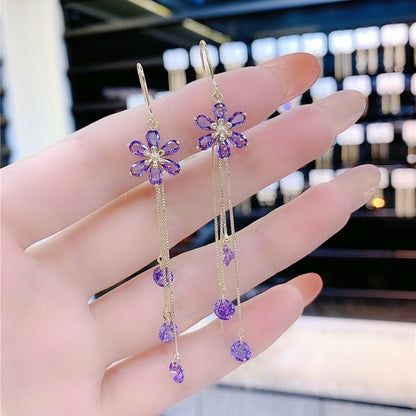 Purple Crystal Flowers All-match South Korea Earrings