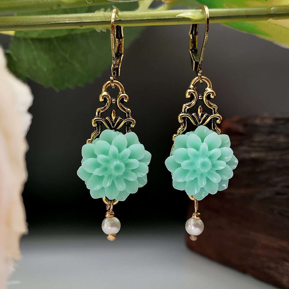 Rongyu Bohemian Fashion Chalcedony Flower Pearl Earrings