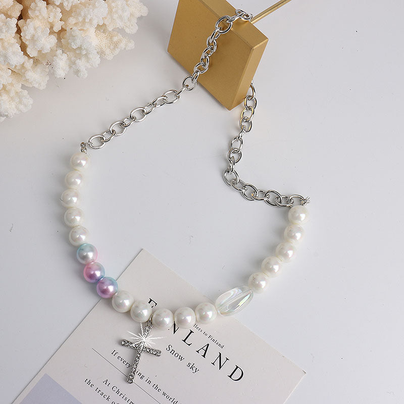 Diamond Cross Pearl Necklace