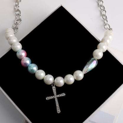 Diamond Cross Pearl Necklace