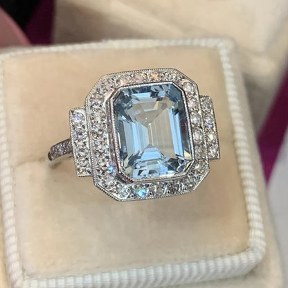 Luxury Square Sea Blue Zircon Ring For High-end Anniversary Celebration