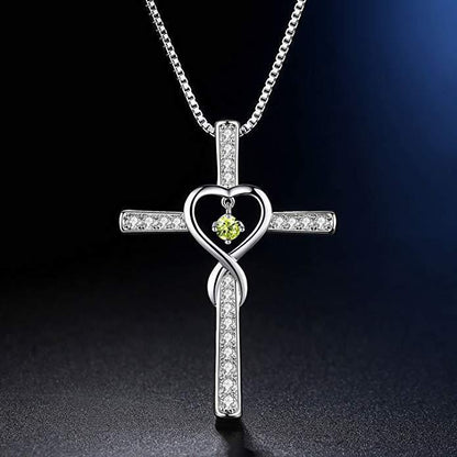 Infinity Love God We Trust Christian Cross Birthstone Crystal Pendant Necklace Colour Gems Zircon Heart Necklace Women Jewelry