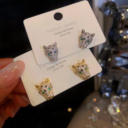 925 Silver Needle Personality Leopard Head Zircon Earrings