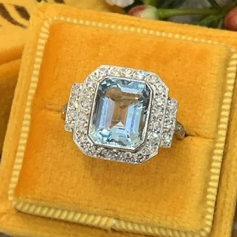 Luxury Square Sea Blue Zircon Ring For High-end Anniversary Celebration