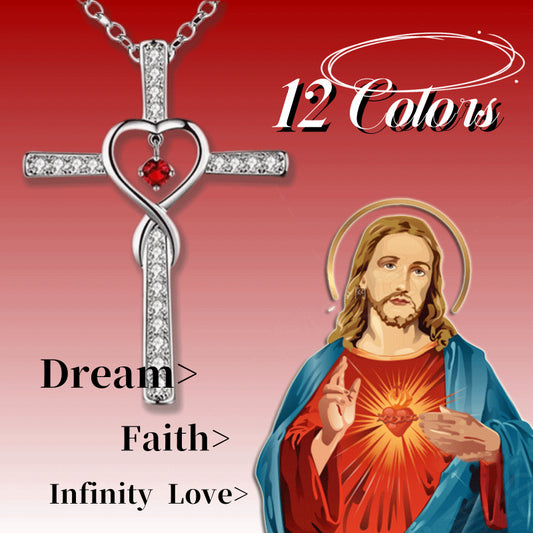 Infinity Love God We Trust Christian Cross Birthstone Crystal Pendant Necklace Colour Gems Zircon Heart Necklace Women Jewelry