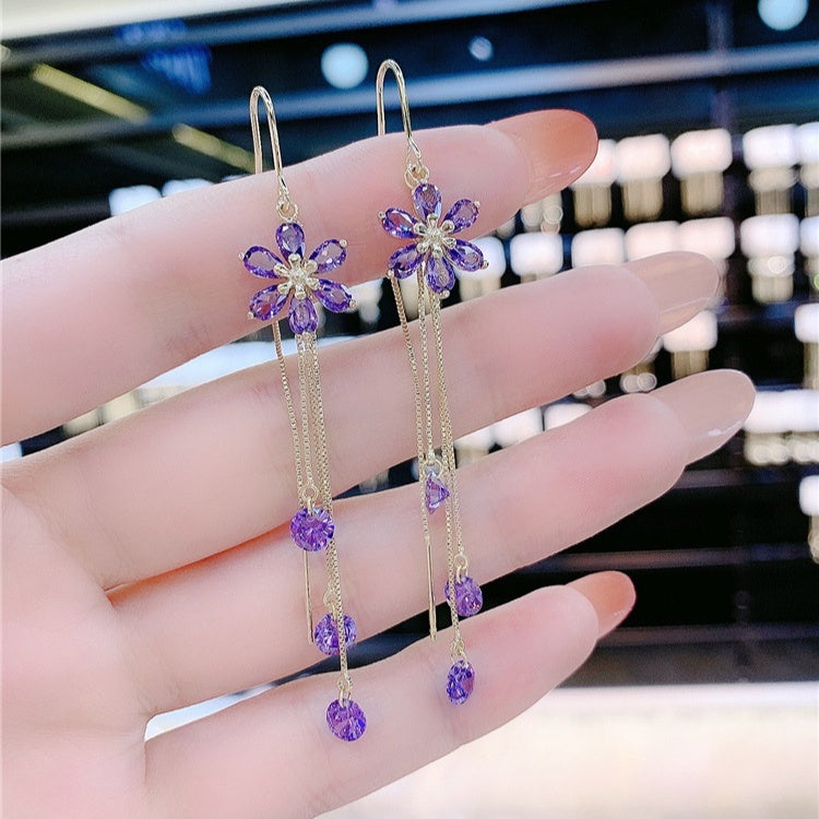 Purple Crystal Flowers All-match South Korea Earrings