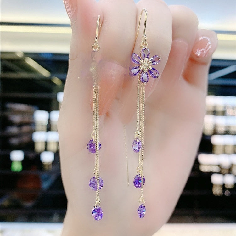 Purple Crystal Flowers All-match South Korea Earrings